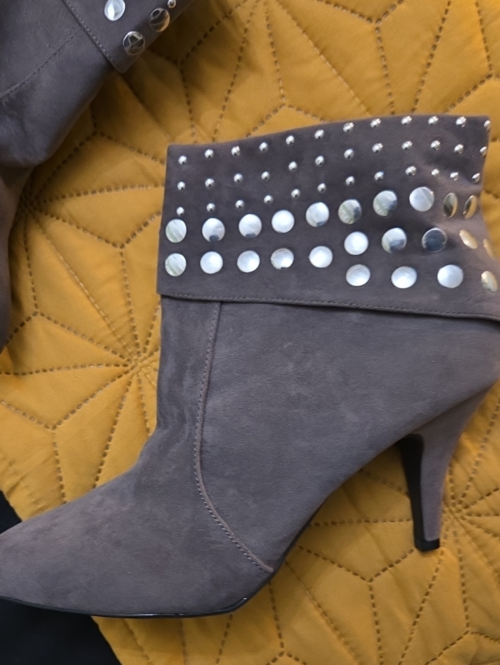BAMBOO Taupe Suede Studded Fold-Over Ankle Boots